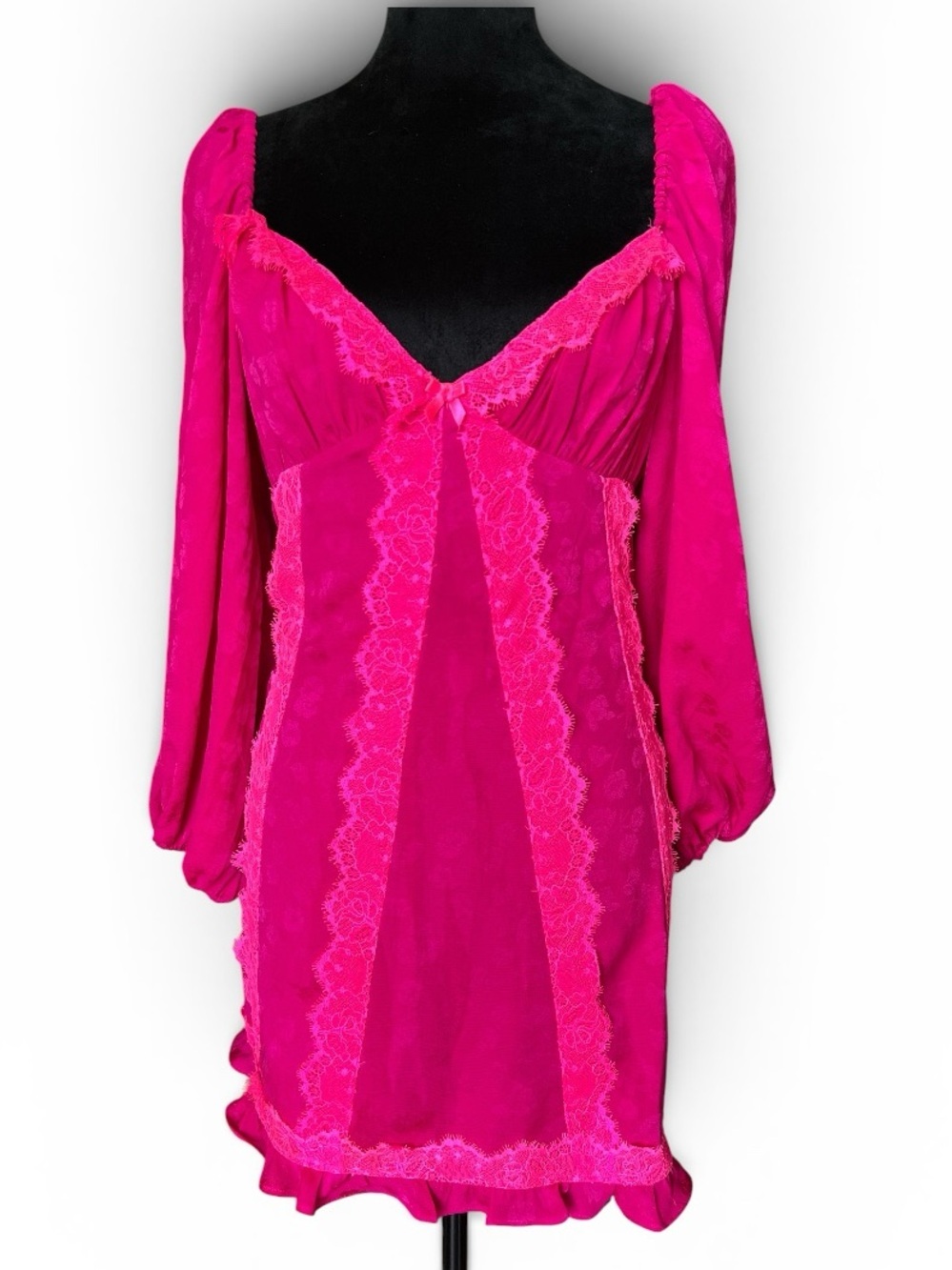 For Love & Lemons Pink Satin & Lace Long Sleeve Mini Dress Size M